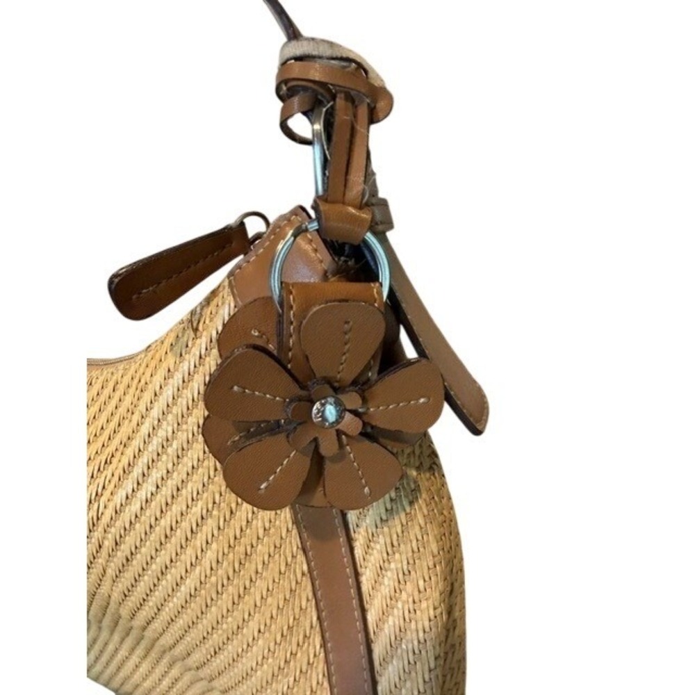 Fossil Woven Straw Leather Hobo Shoulder Bag Tan Flower Charm Boho Summer Zip